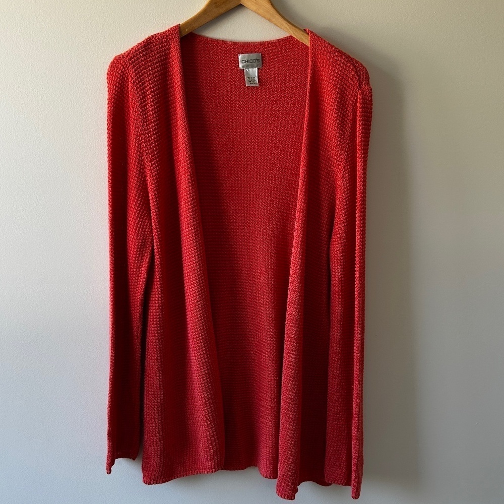 Chico's Size 2 (Large) Coral Cardigan waffle Knit Spring Summer Vibrant layering